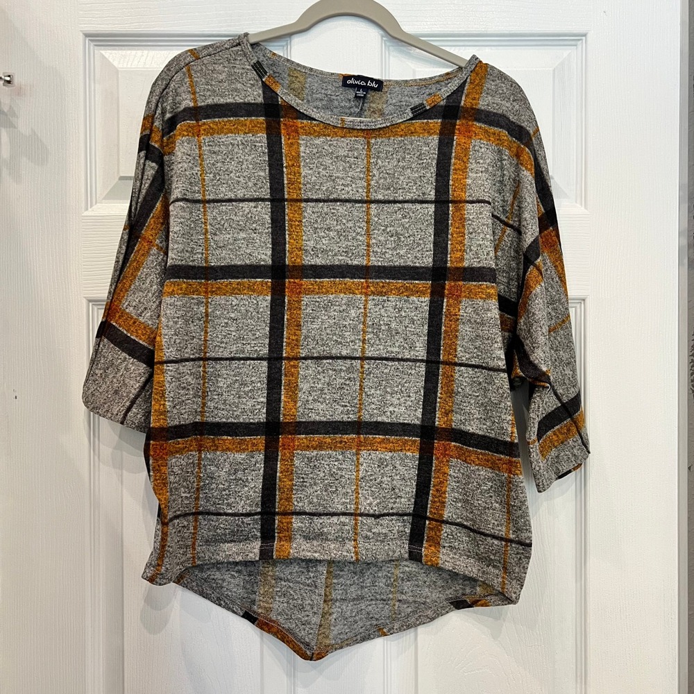Olivia Blu Top Plaid Polyester Spandex Knit Dark Academia Oversized Cozycore L
